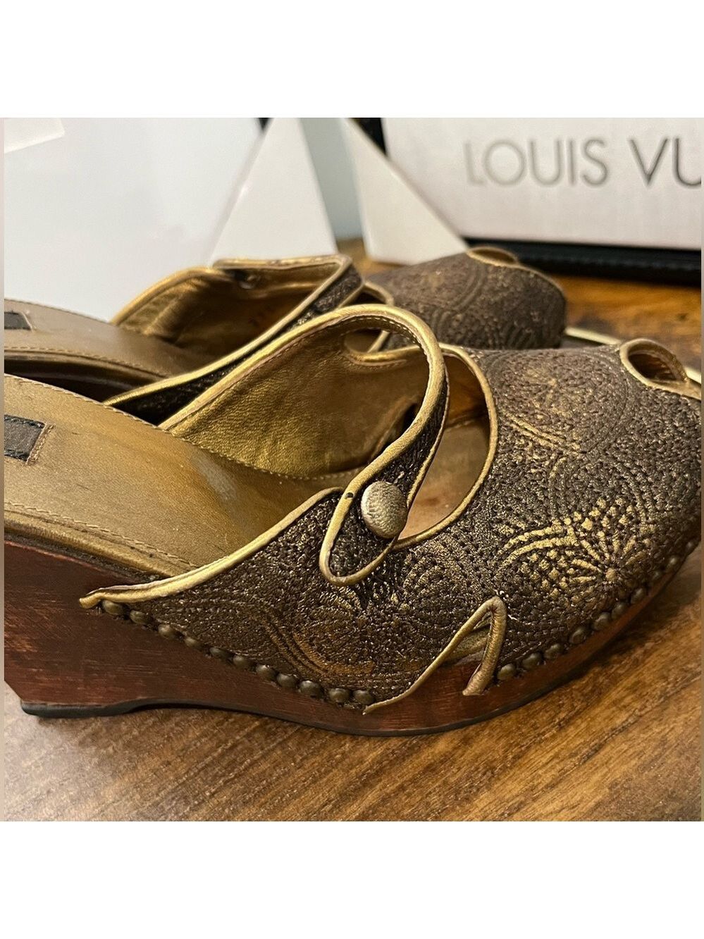 Prada Vintage Gold & Brown Wedge Shoes - Picture 3 of 7